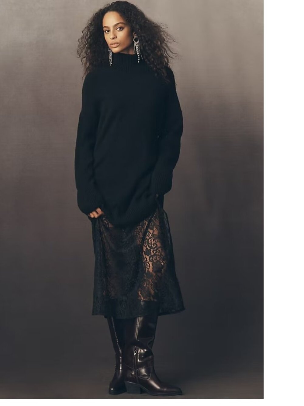 By Anthropologie Sweater Lace Twofer Midi Dress  XS new with tag black